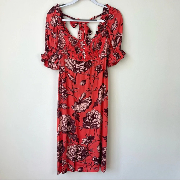 NWT by Anthropologie Puff Sleeve Smocked Midi Long Dress Coral Floral - Picture 3 of 10